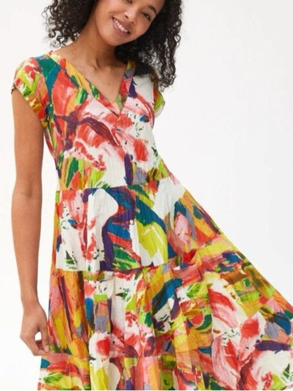 Dress Addict Jalen Cotton Abstract Brushstroke Rainbow Tiered Midi Dress, Small
